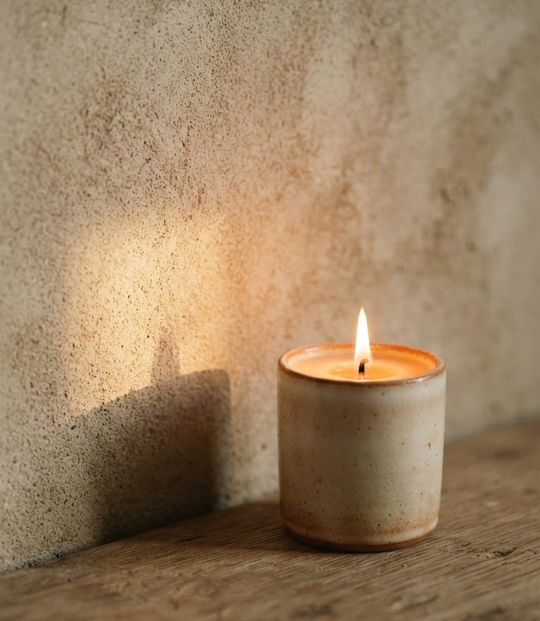 A close-up of a lit candle casting a soft, warm golden shadow on a textured beige wall, minimalist styling, warm editorial photography