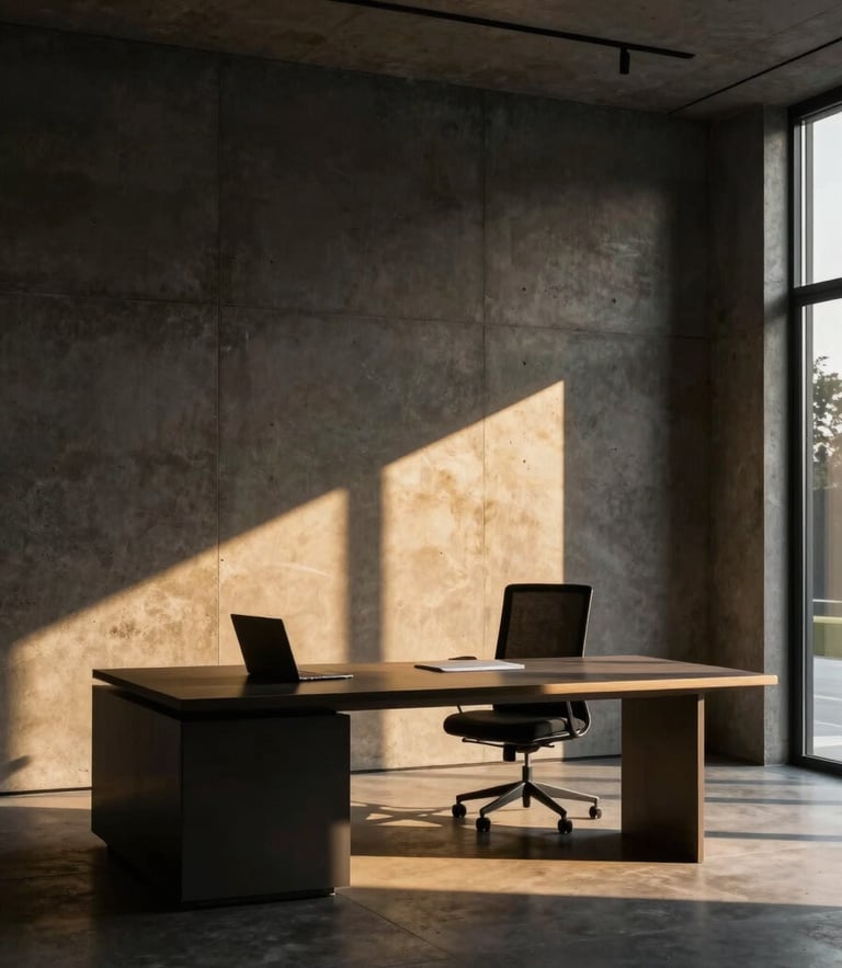 Sleek modern architectural office with concrete walls and dramatic golden-hour sunlight casting long shadows across a minimalist desk