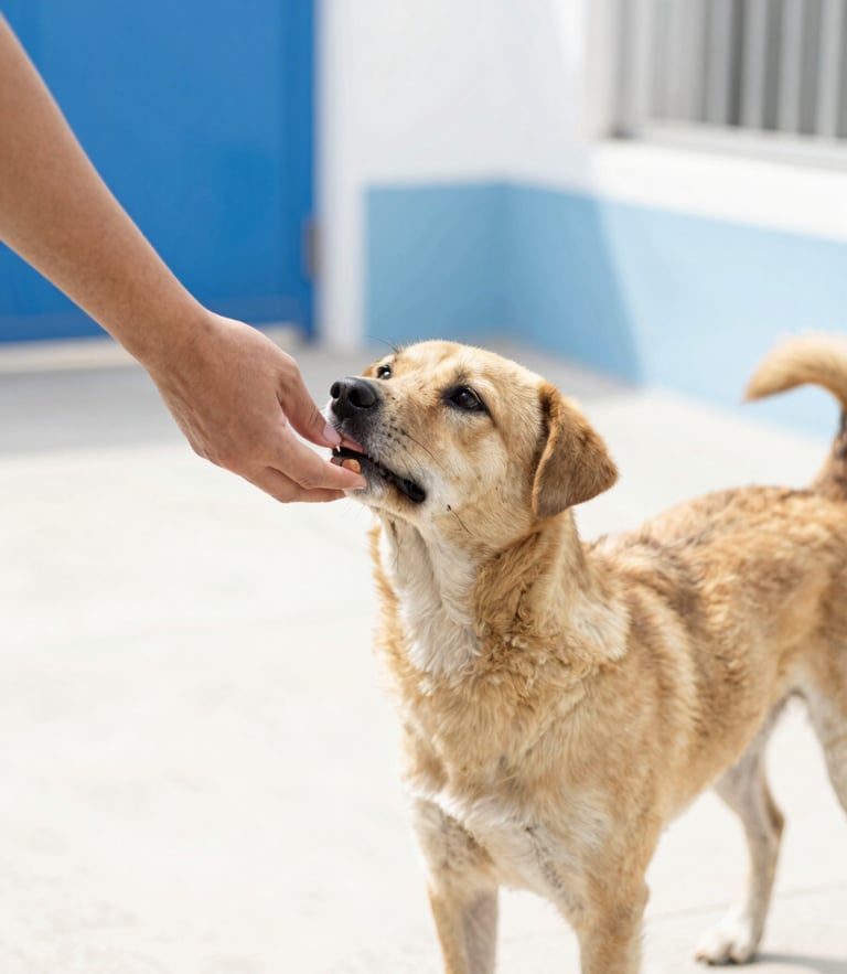 A gentle hand feeding a rescued street dog in a bright, sunlit outdoor shelter, warm natural daylight, 35mm photography
