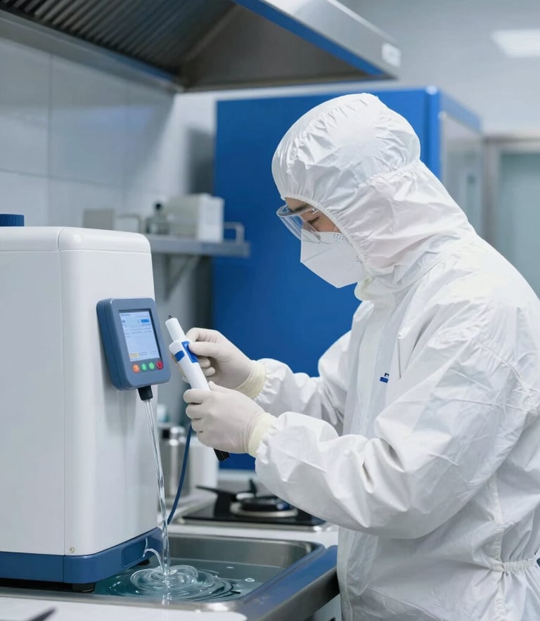 A professional technician in a sterile white protective suit and mask, using a precise digital sensor to test water quality in a modern, immaculate commercial kitchen. Bright neutral daylight, deep slate blue tones.