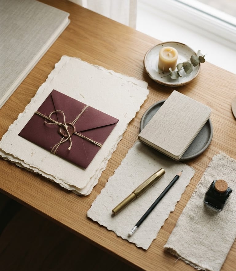 Elegant workspace detail with textured paper mockups, soft diffused daylight, warm neutrals and a hint of burgundy, 35mm photography