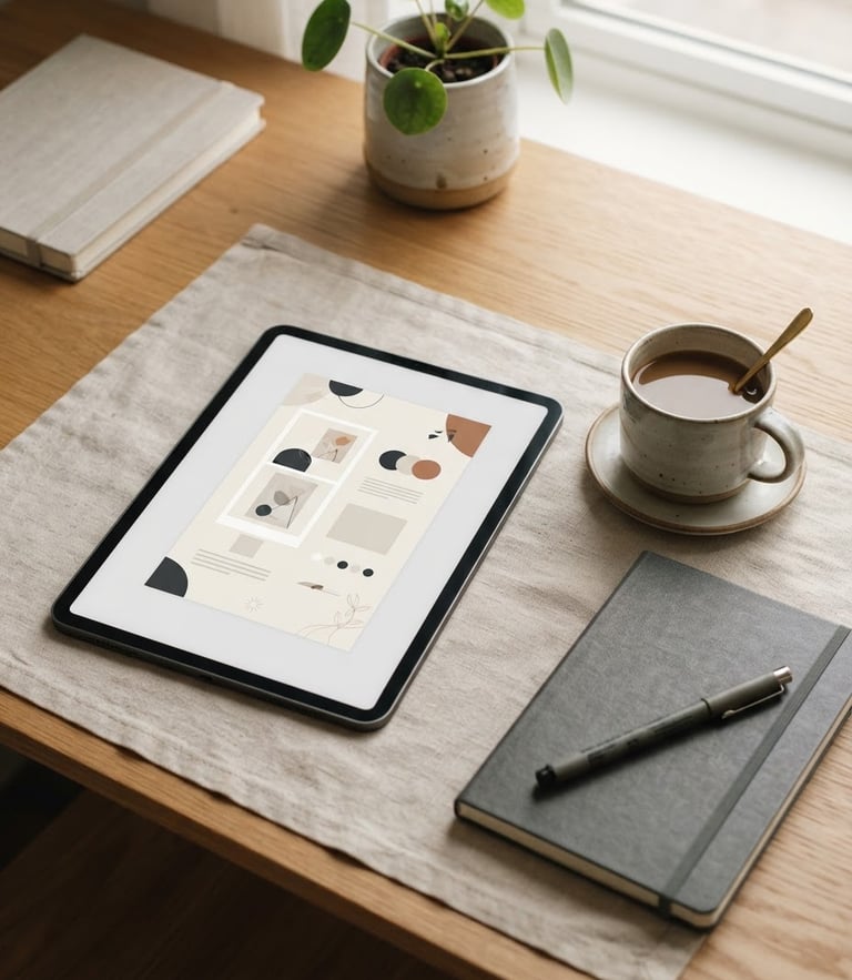 Elegant workspace detail with an iPad showing a minimalist Canva layout, soft north-facing daylight, warm neutral tones
