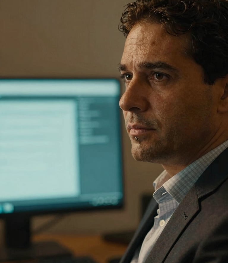 A close-up portrait of a corporate director in Belém reflecting in a dimly lit office, warm amber lighting hitting his face, cool cyan glow from a monitor in the background, cinematic depth of field.
