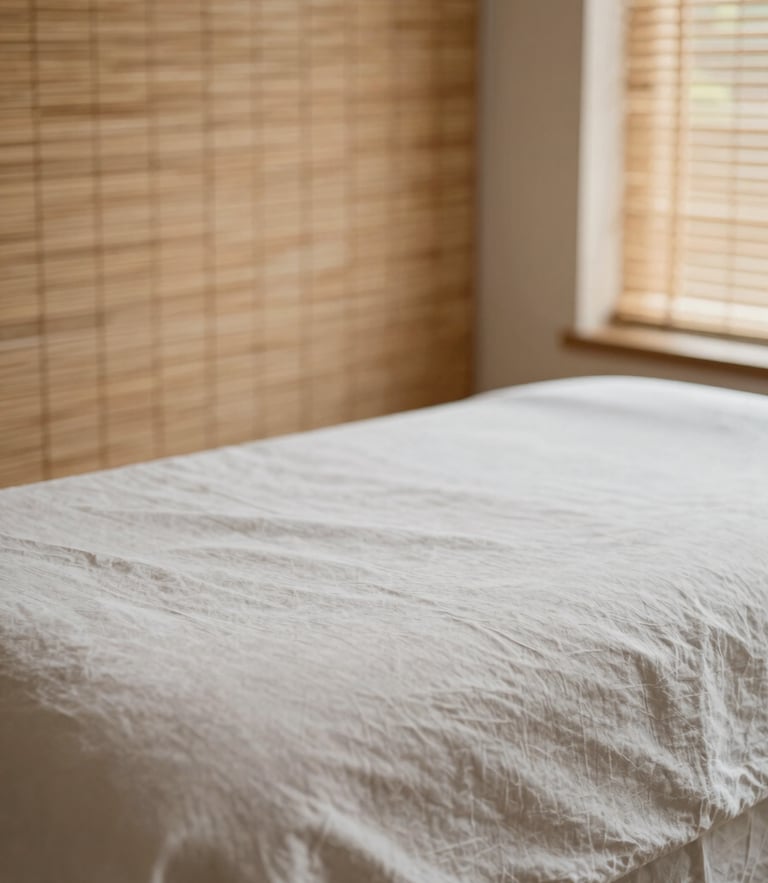 Macro detail of warm, natural light filtering through bamboo blinds onto a clean linen-draped massage table, soft editorial photography, muted earth tones, minimalist composition, shallow depth of field, 35mm