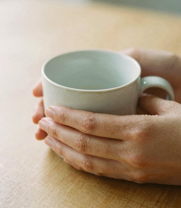 A close-up of hands holding a warm ceramic mug on a wooden table, soft diffused morning light, shallow depth of field, calming tones
