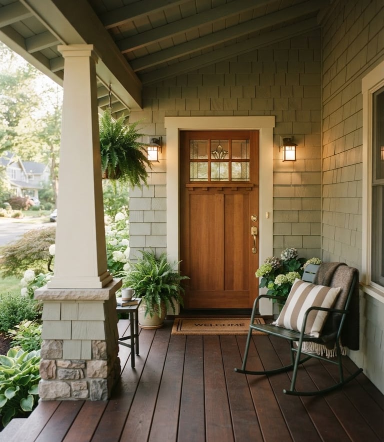 Soft morning daylight on a clean, modest craftsman home porch, warm editorial photography, 35mm lens
