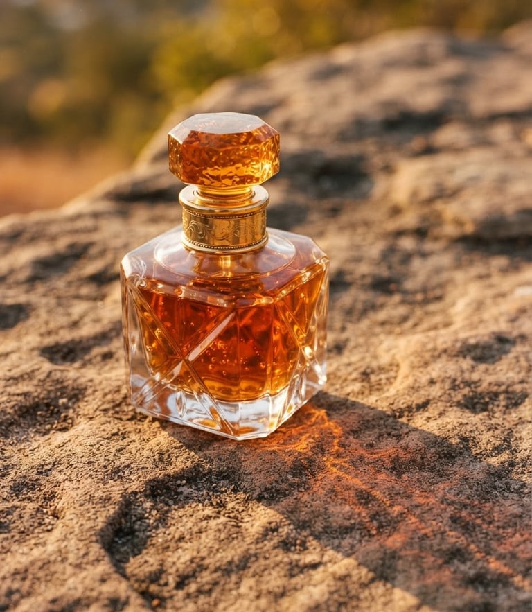 Macro photograph of a heavy glass perfume bottle on textured stone, warm golden-hour sunlight casting long dramatic shadows, amber liquid glowing