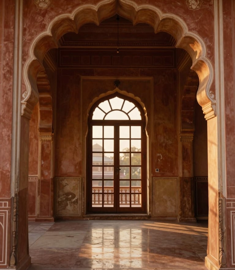 Warm editorial photography of a sun-drenched palatial suite in Jaipur, showcasing elegant heritage arches, soft golden-hour window light reflecting on polished stone floors, rich deep tones, 35mm.