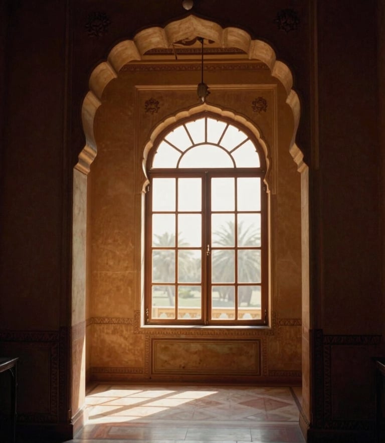 Warm editorial photography of a sun-drenched palatial suite, heritage arches, soft golden-hour window light, rich deep tones, 35mm