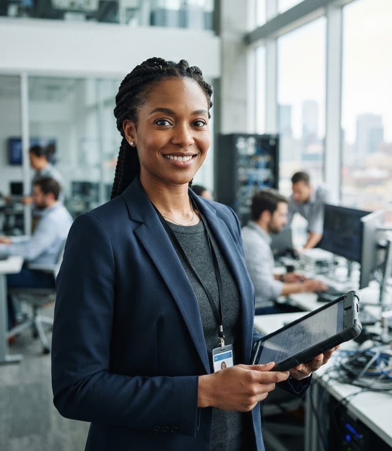 Professional editorial portrait of a confident skilled technical worker in clean modern workplace attire, bright natural daylight, cool corporate tones, sharp focus, 35mm