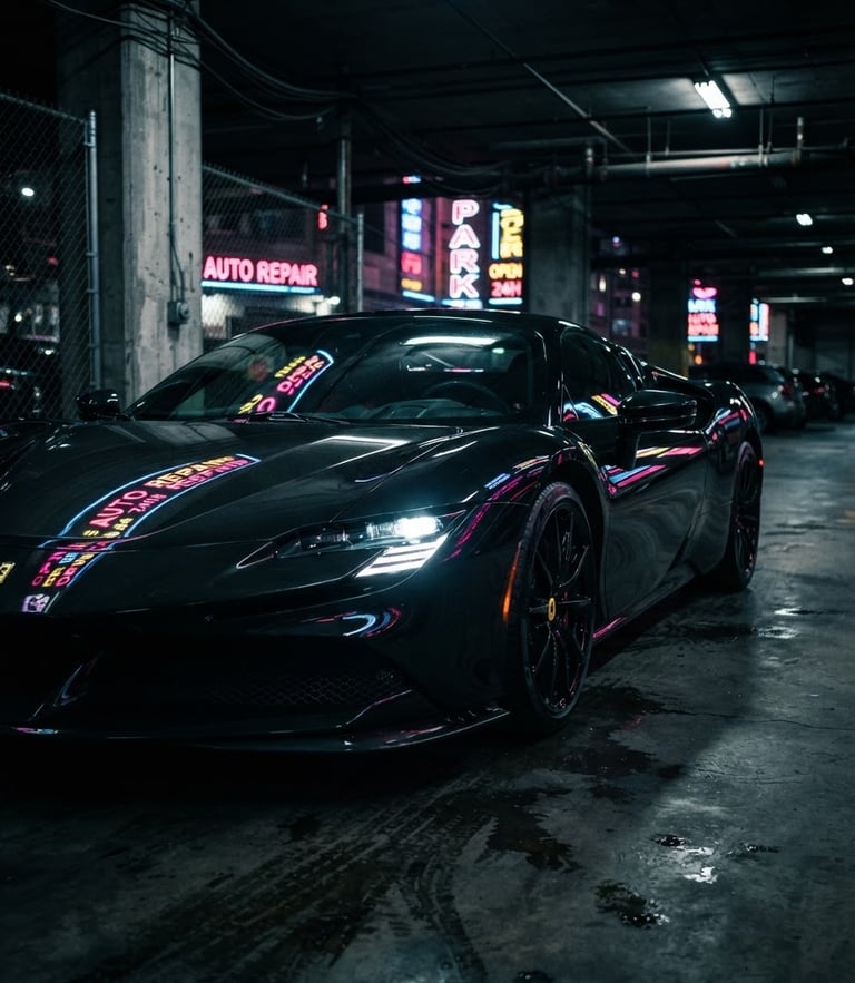 Low-angle dramatic shot of a modern red sports car with sharp neon reflections on polished black paint, dark urban garage environment, cinematic lighting, 35mm lens
