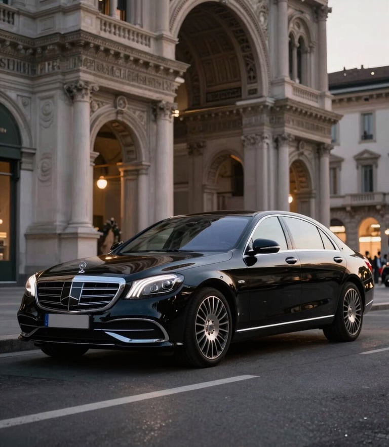 Premium black Mercedes S-Class sedan parked in front of an elegant historic Milanese palace, warm twilight lighting, sharp focus, 50mm