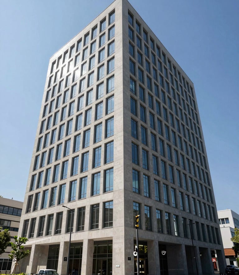 Straight-on architectural elevation of a modern concrete and glass corporate headquarters, bright clear midday sun, sharp shadows, wide-angle perspective emphasizing physical scale.