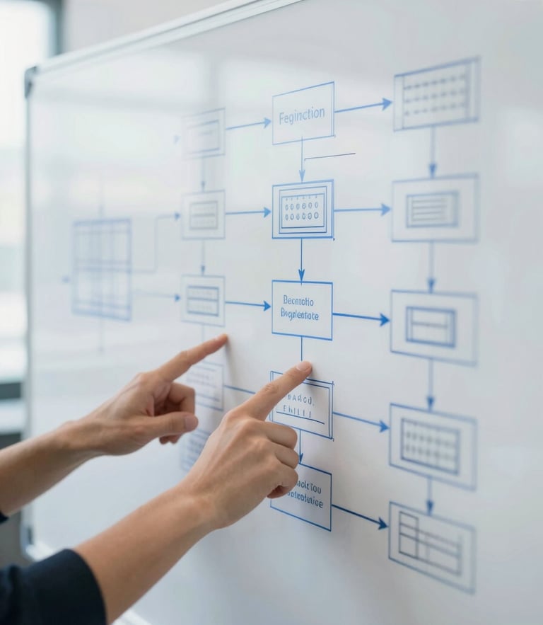 Crisp editorial photography of an engineering whiteboard with real architecture diagrams, hands pointing at a system flow, cool office daylight, shallow depth of field