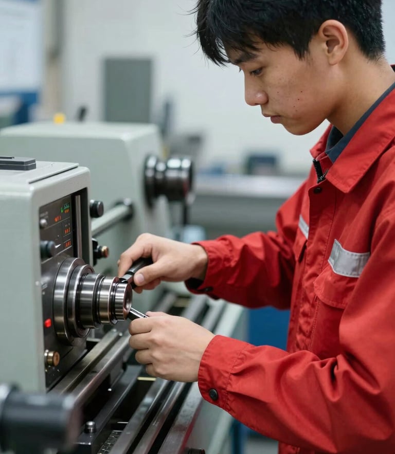 A student in a clean red uniform operating a heavy lathe machine under bright workshop lighting, focused expression, hands-on technical training.
