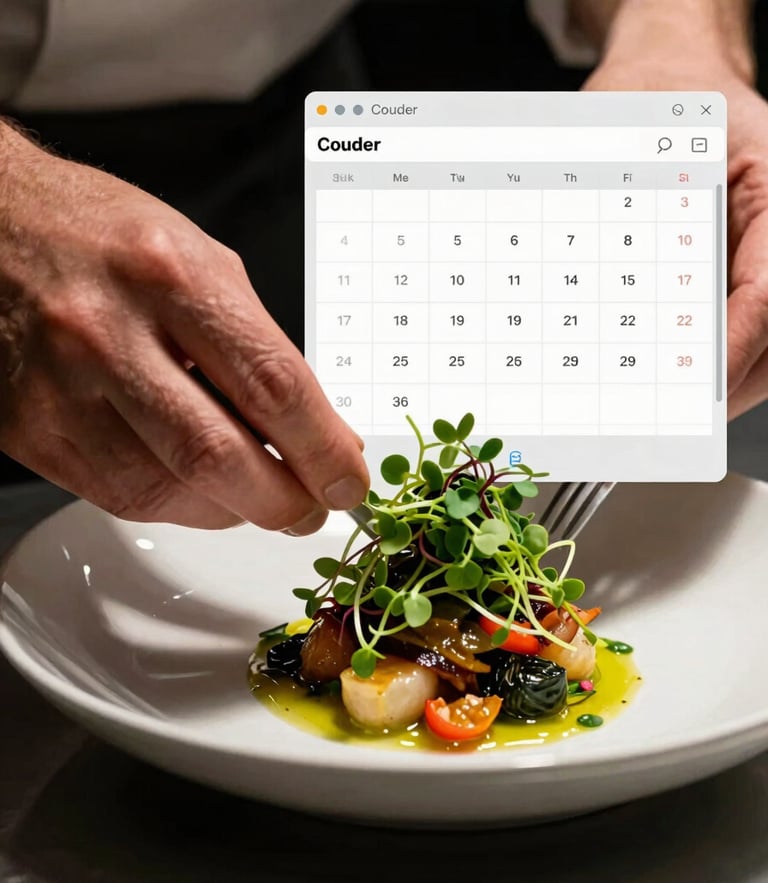 Extreme close-up of a chef's hands plating a vibrant dish with microgreens, side-lit with deep shadows, overlaid with a clean technical scheduling calendar UI mockup.