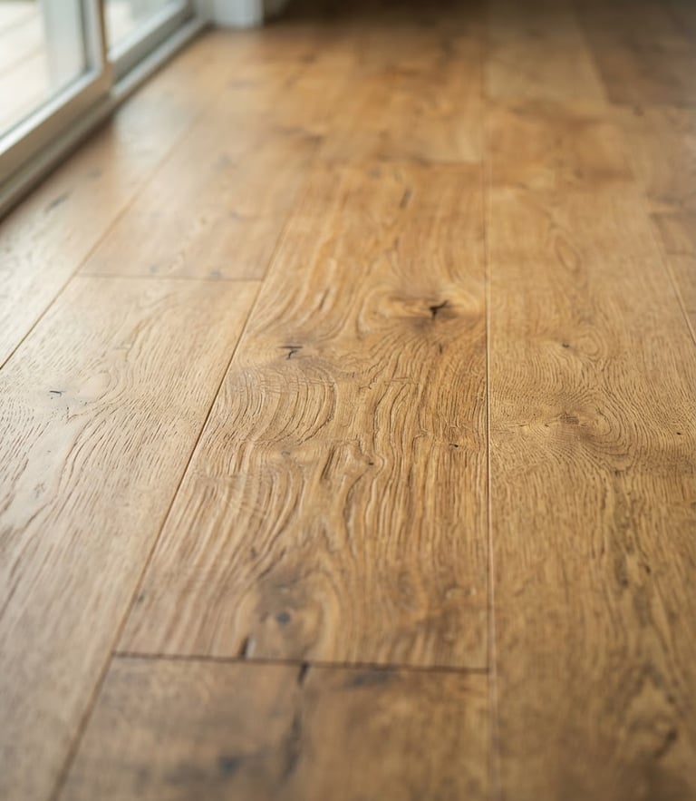 Close-up of hand-scraped premium European timber under soft morning window light, warm natural tones, architectural 35mm