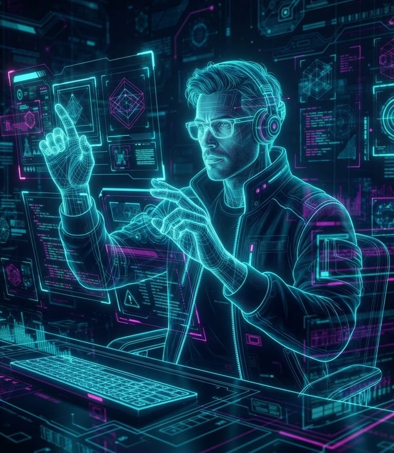 A high-tech holographic portrait of a male software developer, glowing neon cyan outlines, digital grid background, dark ambient cyberpunk lighting.