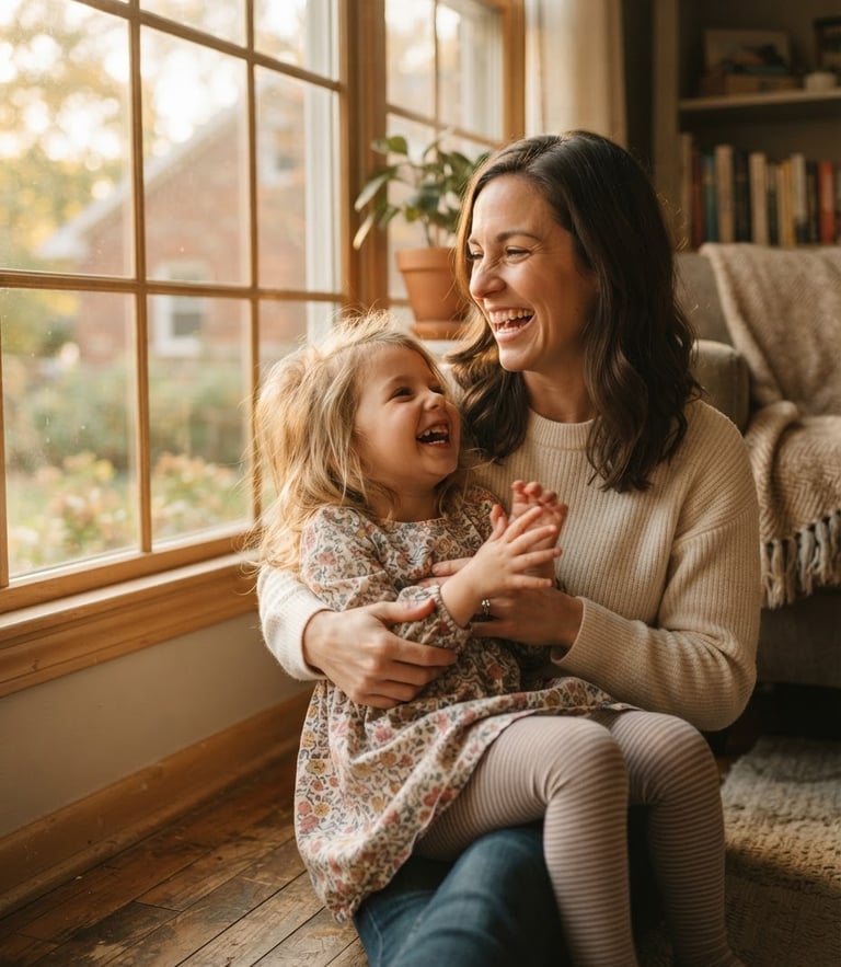 A warm candid portrait of a mother and her young daughter laughing together near a sunlit window in their Indiana home, soft golden-hour light, shallow depth of field, authentic candid moment.
