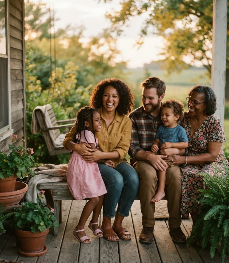 A candid photograph of a diverse family sharing a warm moment on a porch in Indiana, soft golden-hour light, shallow depth of field