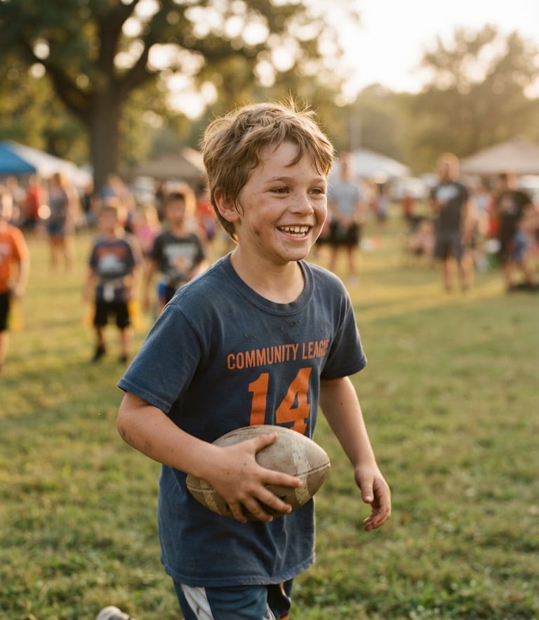 Candid portrait of a young boy smiling warmly during an outdoor community game, soft golden-hour Indiana sunlight, shallow depth of field.