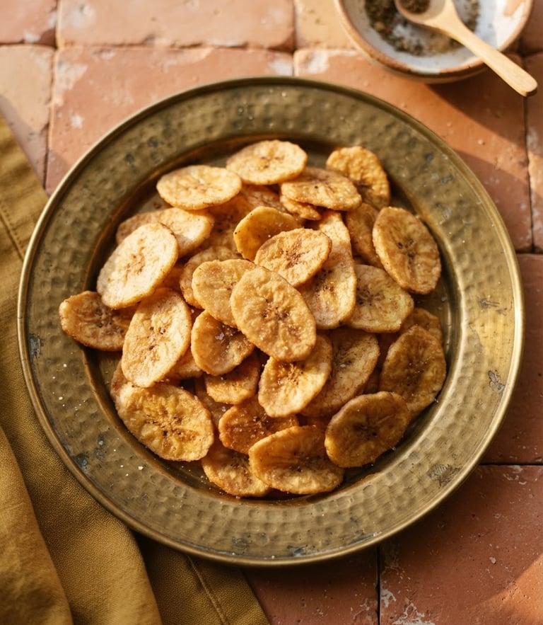 Overhead shot of golden-brown banana chips resting on a traditional brass plate, warm golden-hour sunlight casting soft shadows, 35mm editorial food photography