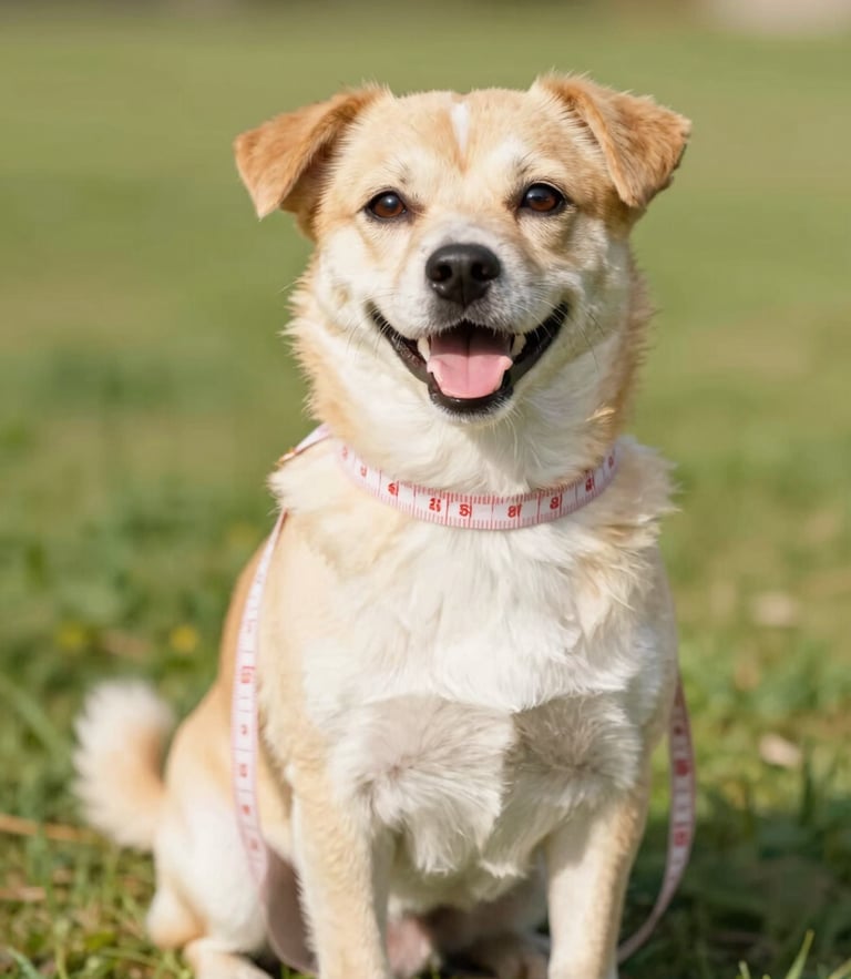 A happy small dog sitting calmly while a soft fabric measuring tape is gently held around its chest, bright warm natural daylight, 35mm