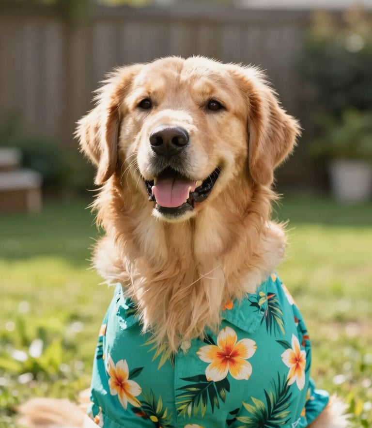 A happy smiling Golden Retriever wearing a vibrant teal tropical flower shirt in a sunny backyard, warm natural daylight, eye-level pet portrait, 35mm