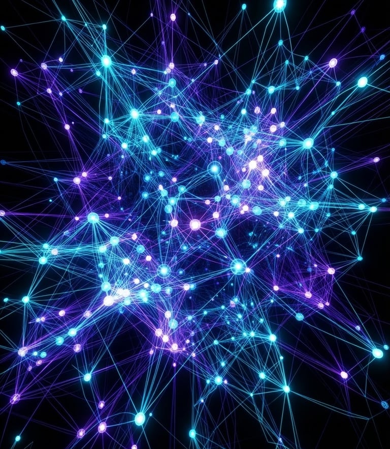 Abstract generative digital art of glowing network nodes, neon wireframes, electric cyan and deep violet accents, dark-mode high contrast