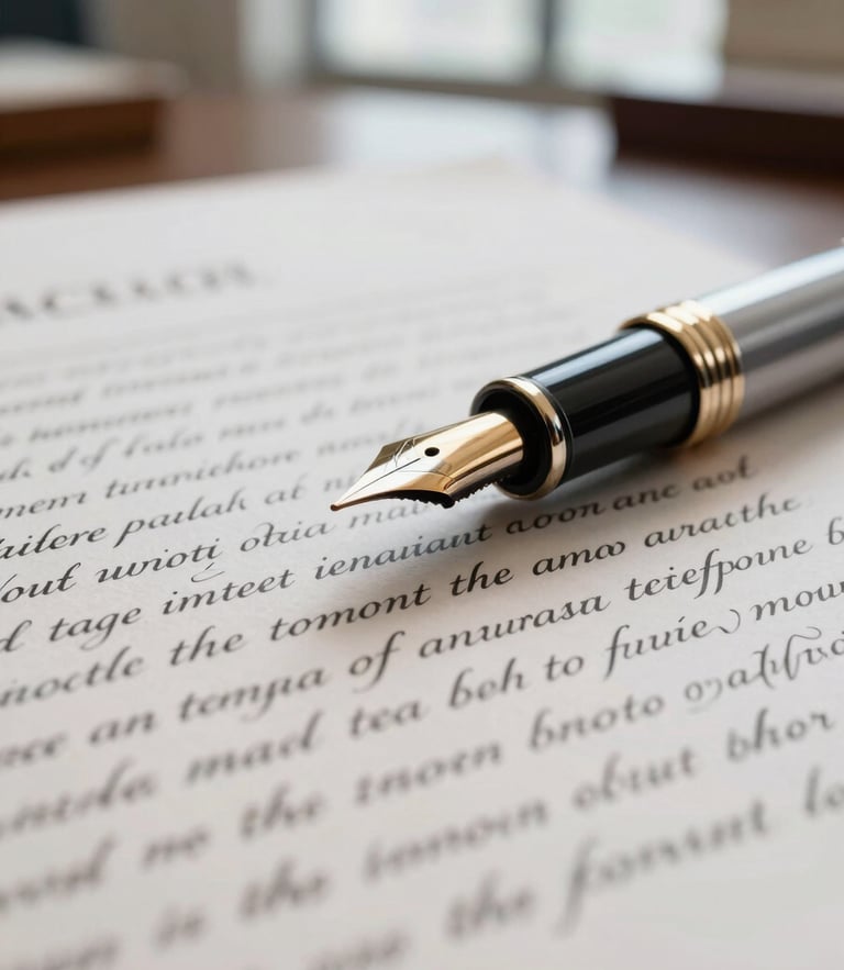 Macro close-up of a fountain pen resting on a pristine legal document with elegant Spanish calligraphy, soft side-lighting from a high-end office window, shallow depth of field.