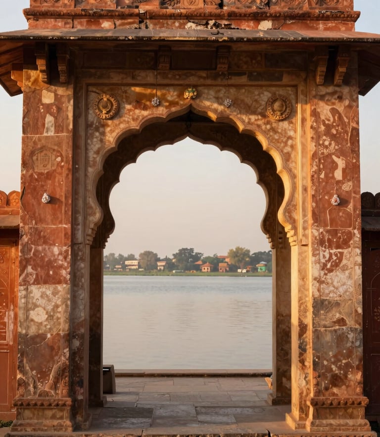 Warm editorial photography of a traditional Mewari stone archway looking out onto Lake Pichola at sunrise, golden-hour light, 35mm