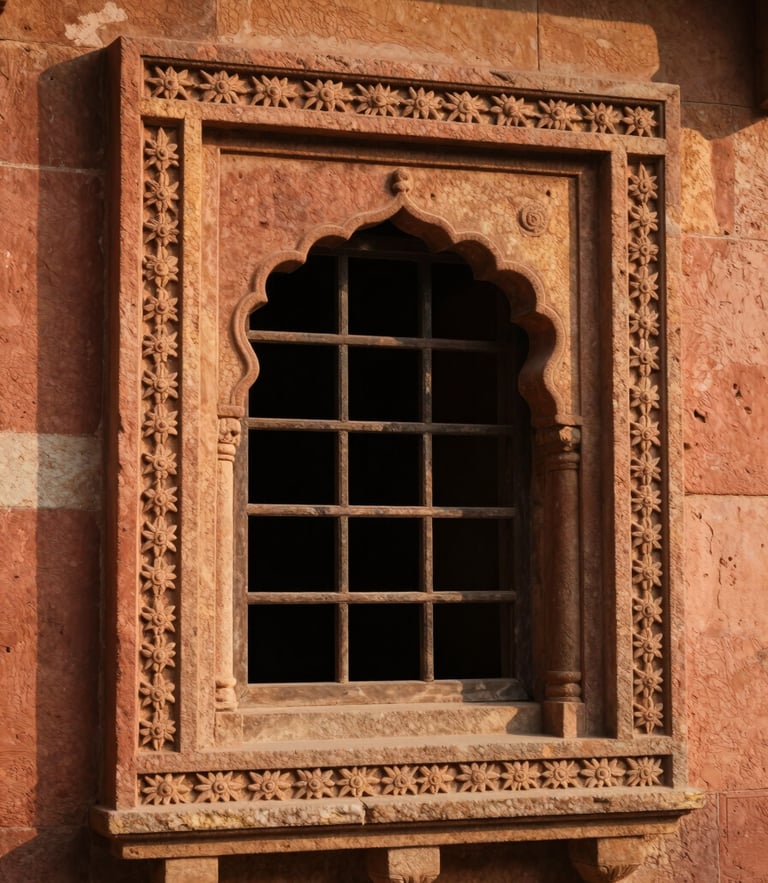 Warm editorial photography of a hand-carved stone jharokha window at golden hour, soft light filtering through, 35mm