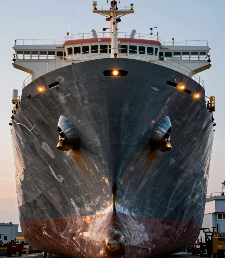 Dramatic high-contrast portrait of a massive steel cargo ship hull at drydock, cool steel tones warmed by amber safety lights, tight composition highlighting raw scale.