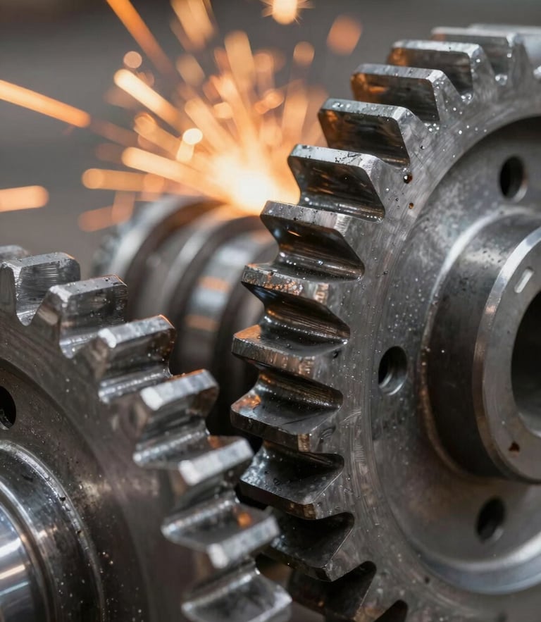 Macro close-up of heavy steel industrial gears, cool metallic lighting with warm orange sparks in the background, sharp technical focus on the gear teeth
