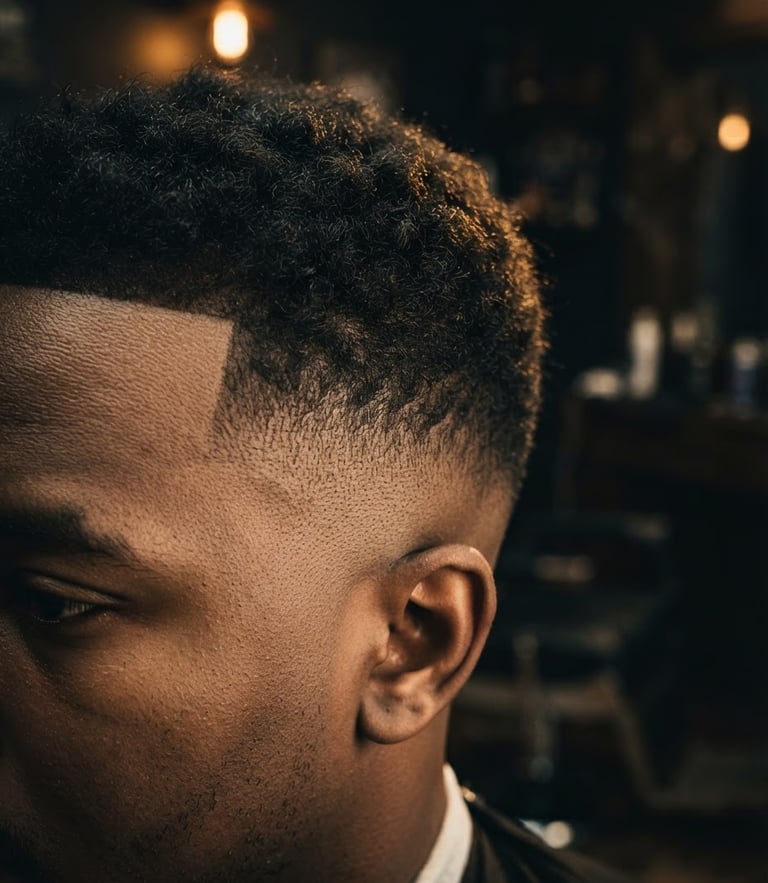 Moody editorial photography of a flawless skin fade haircut on a client, tight macro shot, high-contrast dark background, warm golden accent lighting, sharp focus on hair texture, 35mm lens