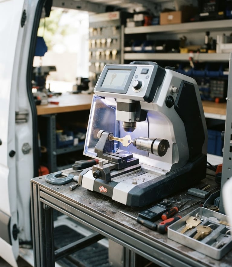 Sharp commercial photography of a high-tech laser key-cutting machine operating inside a modern service van, high-contrast metallic textures, bright daylight, 35mm
