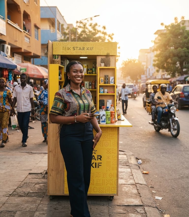 Confident young African entrepreneur standing next to a modern yellow StarKif kiosk on a bustling street in Dakar, warm golden-hour sun, vibrant lifestyle photography