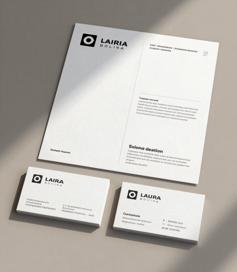 Straight-on flat lay of printed brand collateral and business cards on a warm gray surface, soft diffused natural light, clean composition.