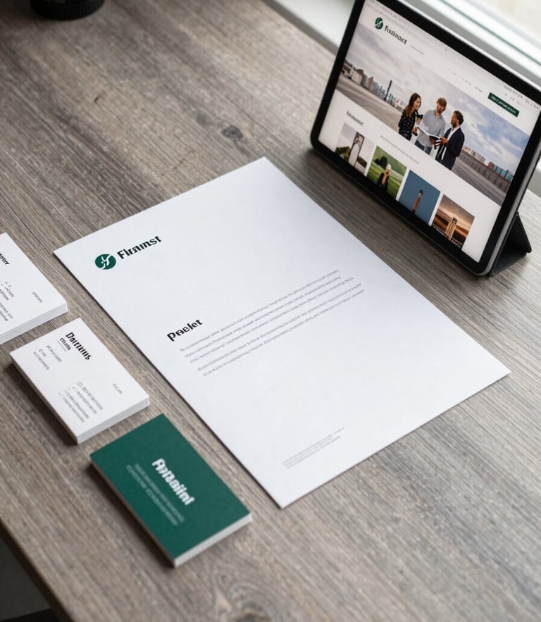Straight-on clean flat lay of printed brand collateral, business cards, and a modern tablet displaying a website on a warm gray wooden surface under soft natural window light.
