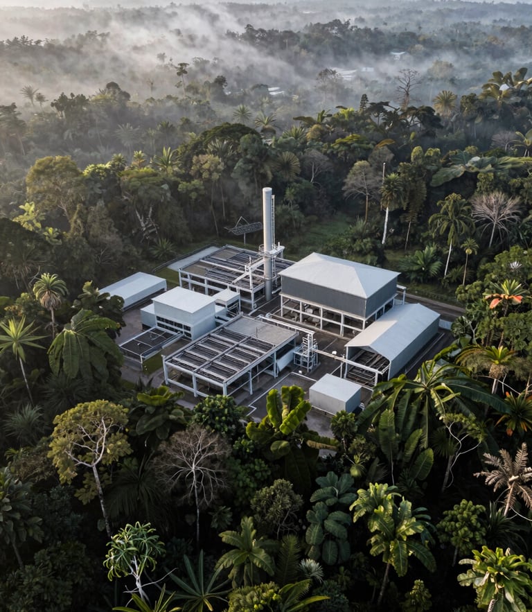 High-altitude aerial drone photography of Borneo's dense tropical canopy meeting a modern sustainable industrial processing facility, misty morning light, cool desaturated tones, Hasselblad medium format