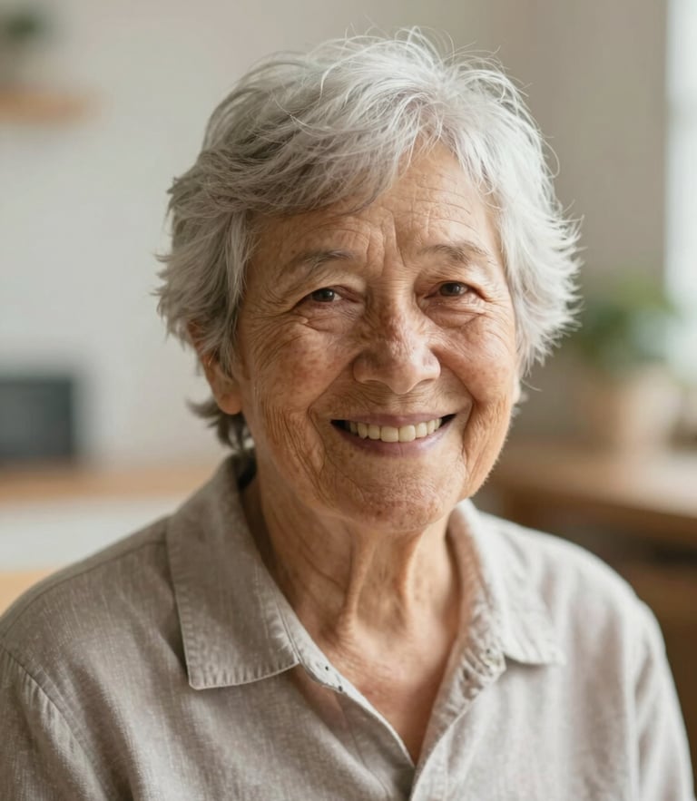 Warm editorial portrait of an elderly community member smiling warmly during a visual evaluation, soft natural daylight, shallow depth of field, 35mm