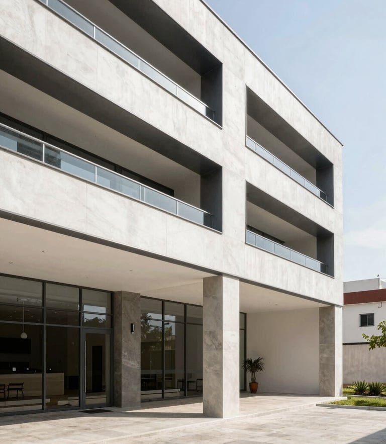 Fotografía arquitectónica en ángulo simétrico de un vestíbulo corporativo moderno en el Bajío, iluminación natural brillante, acabados de tablaroca y techumbres de acero visibles, 35mm
