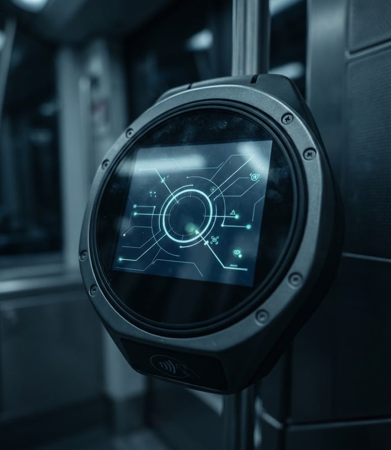 Macro close-up of a rugged Android transit validation terminal in a modern European light rail car, cool low-key blue studio lighting, sharp focus on the glass screen displaying clean interface lines