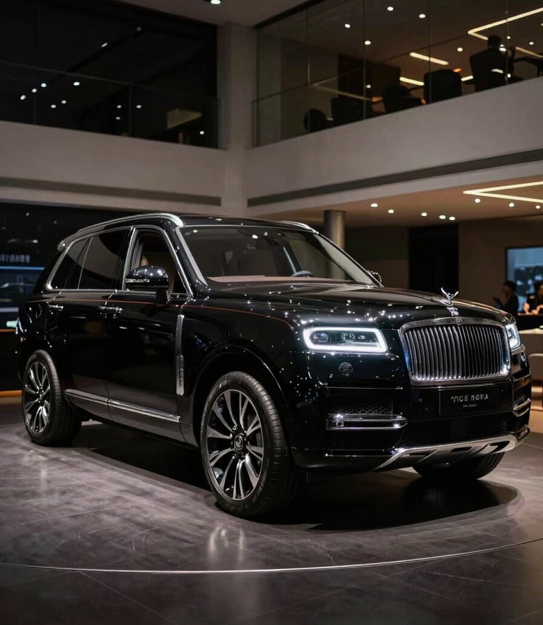 Three-quarter angle of a pristine metallic black luxury SUV parked in a sleek, architectural Kolkata showroom, dramatic low-key studio lighting, rich dark tones.