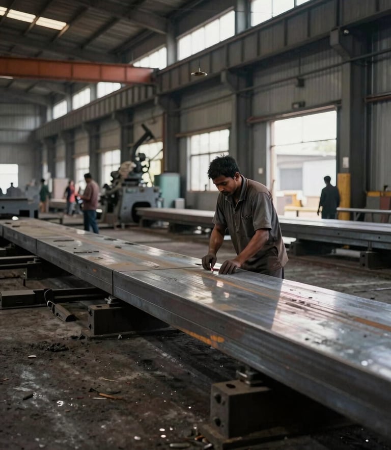 Industrial documentary photography of an active steel manufacturing floor in Bihar, high-contrast interior lighting, realistic 35mm lens.