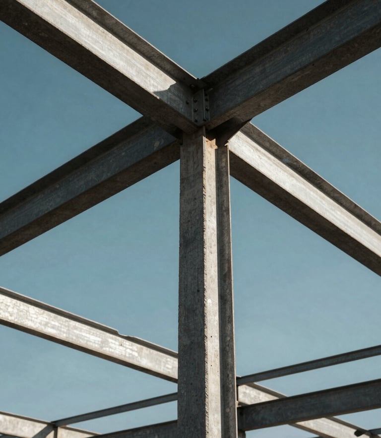 Low-angle hero shot of structural steel framing against high-contrast Botswana sunlight, highlighting raw concrete and steel textures.