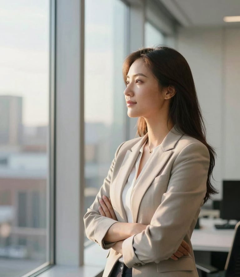 Confident professional looking out of a bright modern office window in Montreal, soft warm gold sunlight, professional editorial photography