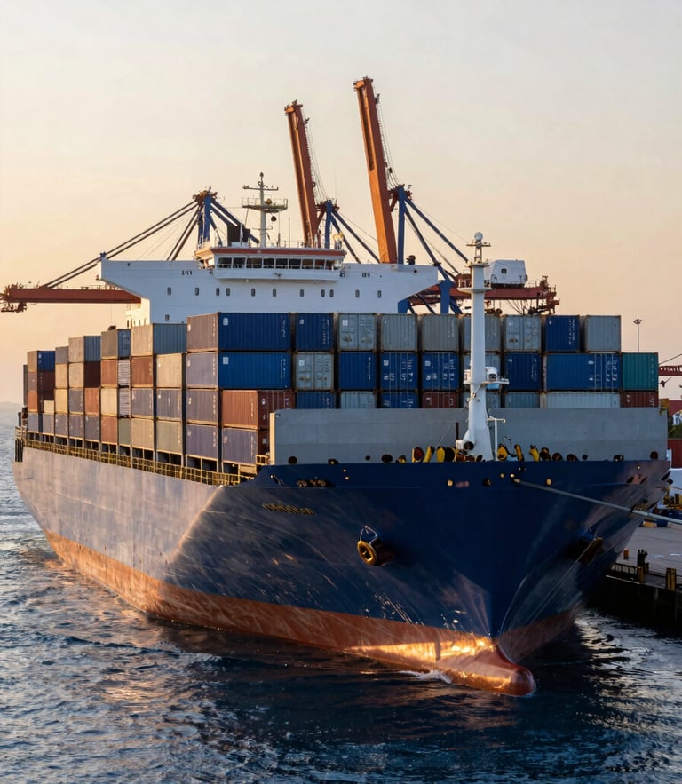 Wide environmental shot of a massive container ship docking at Puerto Quetzal, Guatemala during golden hour. Symmetrical composition with stacked blue and gray shipping containers on deck, deep blue ocean water reflecting warm sunset light, and heavy port cranes visible in the soft background.