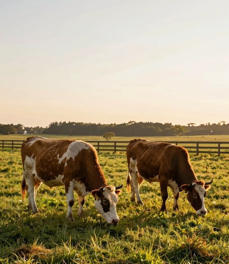 Eye-level shot of healthy cows grazing peacefully in a wide green pasture under warm golden hour sunlight, clean wooden fencing in the background.