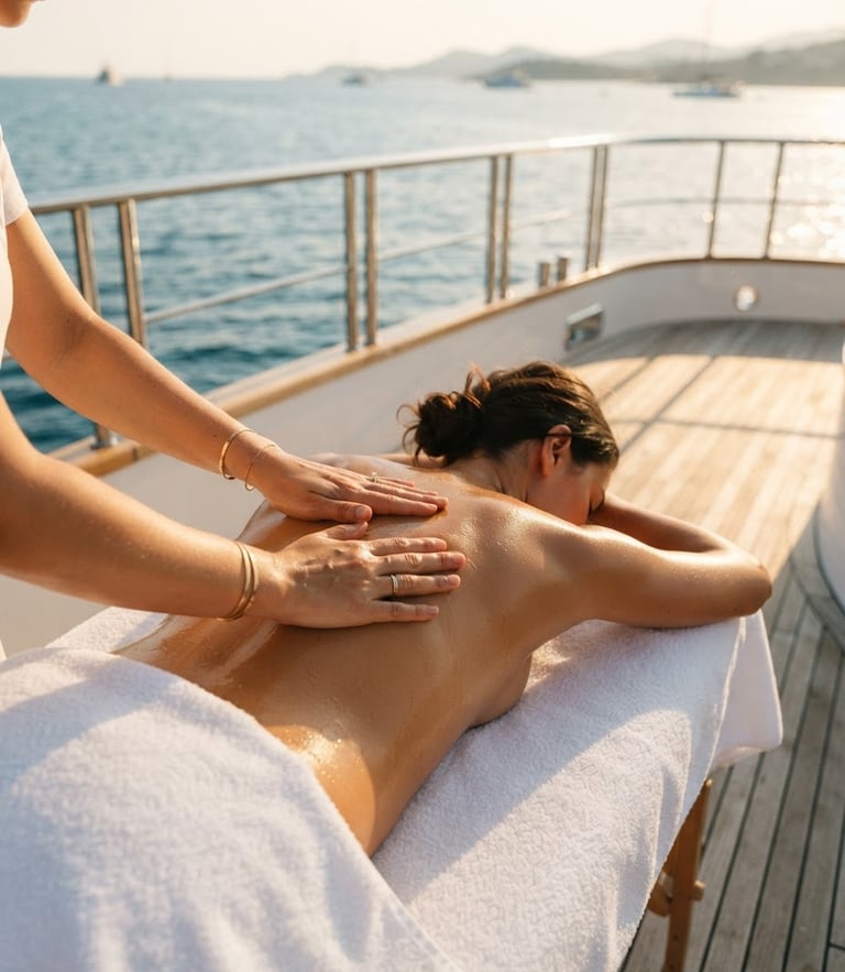 Close-up of hands applying luxurious massage oil onto a back on a teak yacht deck, soft golden hour sunlight, ocean background